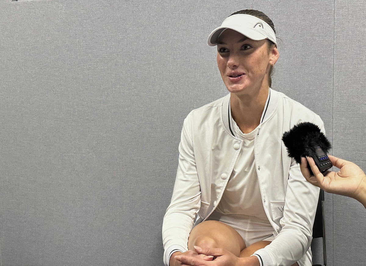 Carson Branstine, a tennis player who went to Texas A&M University and represents Canada, speaks to reporters at the All England Club in Wimbledon, London, Saturday, June 28, 2025. (AP Photo/Howard Fendrich)