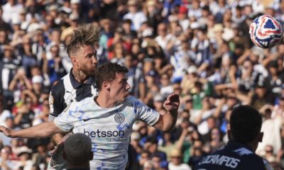 Monterrey's Sergio Ramos, back, scores the opening goal against Inter Milan during the Club World Cup group E soccer match between CF Monterrey and Inter Milan in Pasadena, Calif., Tuesday, June 17, 2025. (AP Photo/Gregory Bull)