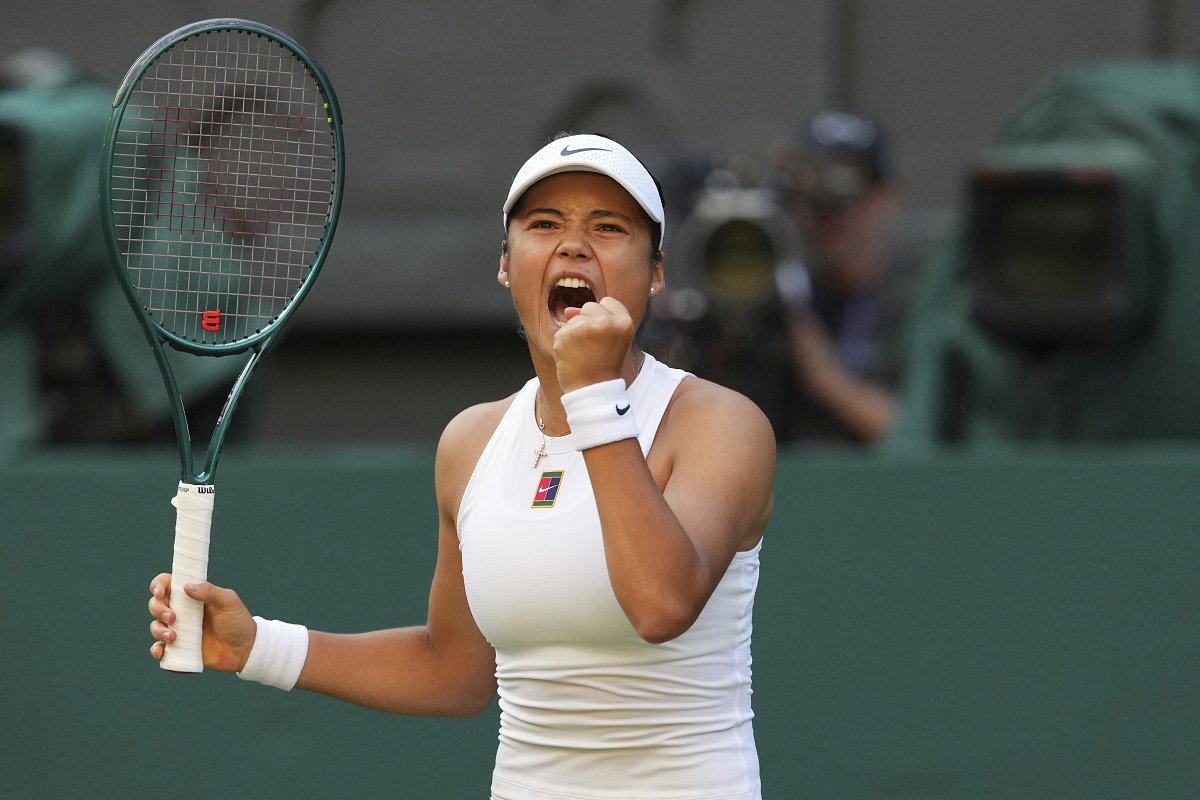 Emma Raducanu of Britain reacts during the second round women's singles match against Marketa Vondrousova of the Czech Republic at the Wimbledon Tennis Championships in London, Wednesday, July 2, 2025.(AP Photo/Kirsty Wigglesworth)