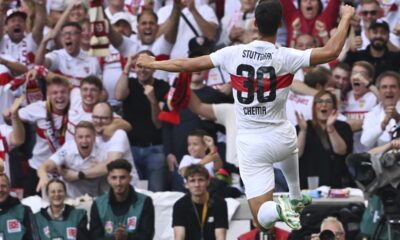Stuttgart's Chema Andres celebrates after scoring the opening goal during the German Bundesliga soccer match between VfB Stuttgart and Borussia Moenchengladbach in Stuttgart, Germany, Saturday, Aug. 30, 2025. (Marijan Murat/dpa via AP)