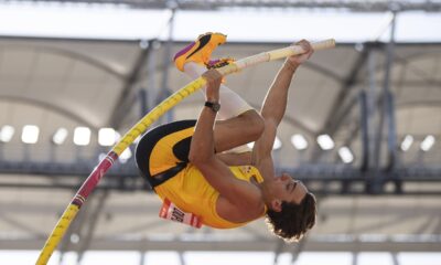 Armand Duplantis, of Sweden, competes in the final of the men's pole vault at the 15th Gyulai Istvan Memorial Track and Field Hungarian Grand Prix in the National Athletics Center in Budapest, Hungary, Tuesday, Aug. 12, 2025. (Boglarka Bodnar/MTI via AP)