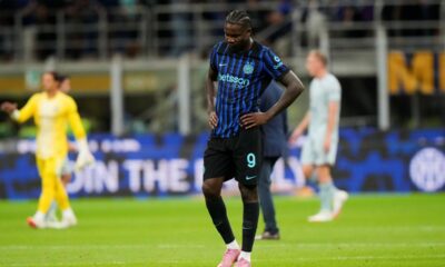 Inter Milan's Marcus Thuram stands at the end of a Serie A soccer match between Inter Milan and Udinese at the San Siro stadium in Milan, Italy, Sunday, Aug.31, 2025. (AP Photo/Luca Bruno)