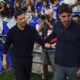 Real Madrid's head coach Xabi Alonso, left, greets Oviedo's coach Veljko Paunovic prior to a Spanish La Liga soccer match between Real Oviedo and Real Madrid at Carlos Tartiere stadium in Oviedo, Spain, Sunday, Aug. 24, 2025. (AP Photo/Miguel Oses)