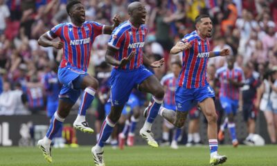 Crystal Palace players celebrate after winning in penalty shootout during the FA Community Shield final soccer match between Liverpool and Crystal Palace at Wembley Stadium in London,Sunday, Aug. 10, 2025. (AP Photo/Dave Shopland)