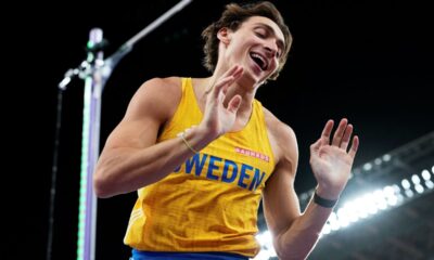 Sweden's Armand Duplantis reacts in the men's pole vault final at the World Athletics Championships in Tokyo, Monday, Sept. 15, 2025. (AP Photo/Ashley Landis)