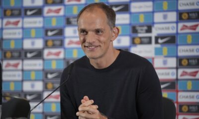 England men's soccer team head coach Thomas Tuchel, attends the news conference in London, Friday, Aug. 29, 2025 ahead of England's soccer World Cup qualifiers against Andorra and Serbia. (AP Photo/Kin Cheung)