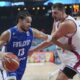 Finland's Olivier Nkamhoua, left, and Serbia's Nikola Jokic in action during the Eurobasket, European Basketball Championship round of 16 match between Serbia and Finland at the Riga Arena in Riga, Latvia, Saturday, Sept. 6, 2025. (AP Photo/Sergei Grits)