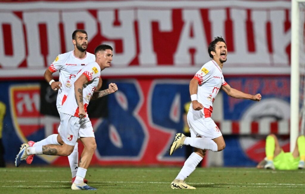 RADIVOJ BOSIC, fudbaler Radnickog, proslavlja gol na prvenstvenoj utakmici protiv Partizana, na stadionu Cair. Nis, 24.08.2025. foto: MN Press / Mladjan Ivanovic Fudbal, Radnicki Nis, Partizan