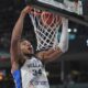 Greece's Giannis Antetokounmpo scores during the Eurobasket, European Basketball Championship third place match between Greece and Finland at the Riga Arena in Riga, Latvia, Sunday, Sept. 14, 2025. (AP Photo/Sergei Grits)