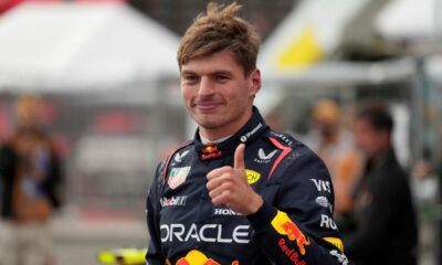 Red Bull driver Max Verstappen of the Netherlands reacts after the qualifying for the Azerbaijan Formula One Grand Prix in Baku, Azerbaijan, Saturday, Sept. 20, 2025. (AP Photo/Darko Bandic)