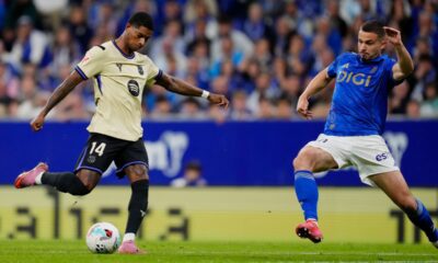 Barcelona's Marcus Rashford kicks the ball during a Spanish La Liga soccer match at the Carlos Tartiere stadium in Oviedo, Spain, Thursday, Sept. 25, 2025. (AP Photo/Jose Breton)
