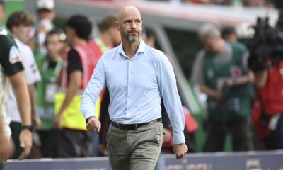 Leverkusen's head coach Erik ten Hag gestures during the German Bundesliga soccer match between Werder Bremen and Bayer 04 Leverkusen in Bremen, Germany, Saturday, Aug. 30, 2025. (Carmen Jaspersen/dpa via AP)