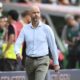 Leverkusen's head coach Erik ten Hag gestures during the German Bundesliga soccer match between Werder Bremen and Bayer 04 Leverkusen in Bremen, Germany, Saturday, Aug. 30, 2025. (Carmen Jaspersen/dpa via AP)