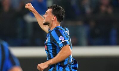 Atalanta's Lazar Samardzic celebrates after scoring during the Champions League opening phase soccer match between Atalanta and Club Brugge at the New Balance Stadium in Bergamo, Italy, Tuesday Sept. 30, 2025. (Spada/LaPresse via AP)