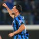 Atalanta's Lazar Samardzic celebrates after scoring during the Champions League opening phase soccer match between Atalanta and Club Brugge at the New Balance Stadium in Bergamo, Italy, Tuesday Sept. 30, 2025. (Spada/LaPresse via AP)