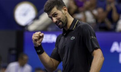Novak Djokovic, of Serbia, reacts after defeating Jan-Lennard Struff, of Germany, during the fourth round of the US Open tennis championships, Sunday, Aug. 31, 2025, in New York. (AP Photo/Adam Hunger)