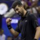 Novak Djokovic, of Serbia, reacts after defeating Jan-Lennard Struff, of Germany, during the fourth round of the US Open tennis championships, Sunday, Aug. 31, 2025, in New York. (AP Photo/Adam Hunger)