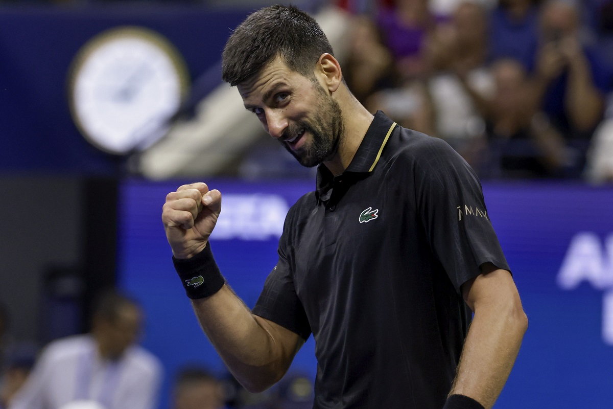 Novak Djokovic, of Serbia, reacts after defeating Jan-Lennard Struff, of Germany, during the fourth round of the US Open tennis championships, Sunday, Aug. 31, 2025, in New York. (AP Photo/Adam Hunger)