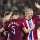 Norway's Erling Haaland, right, celebrates scoring during the World Cup qualifying soccer match between Norway and Moldova at Ullevaal Stadion, Oslo, Tuesday Sept. 9, 2025. (Fredrik Varfjell/NTB via AP)