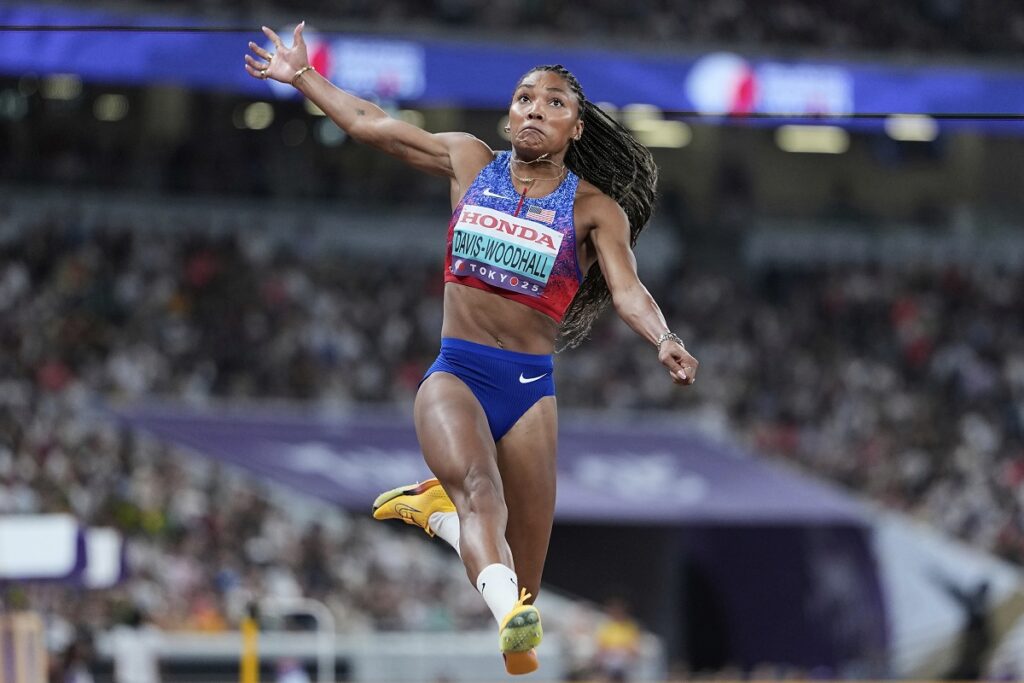 United States' Tara Davis-Woodhall competes in the women's long jump final at the World Athletics Championships in Tokyo, Sunday, Sept. 14, 2025. (AP Photo/Ashley Landis)