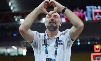 Bosnia's Amar Alibegovic celebrates the win of his team after the Eurobasket, European Basketball Championship Group C match between Bosnia and Georgia at Spyros Kyprianou Arena, in Limassol, Cyprus, Thursday, Sept. 4, 2025. (AP Photo/Sakis Savvides)