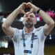 Bosnia's Amar Alibegovic celebrates the win of his team after the Eurobasket, European Basketball Championship Group C match between Bosnia and Georgia at Spyros Kyprianou Arena, in Limassol, Cyprus, Thursday, Sept. 4, 2025. (AP Photo/Sakis Savvides)