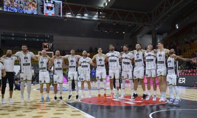 Bosnia players celebrate the win of their team after the Eurobasket, European Basketball Championship Group C match between Bosnia and Georgia at Spyros Kyprianou Arena, in Limassol, Cyprus, Thursday, Sept. 4, 2025. (AP Photo/Sakis Savvides)