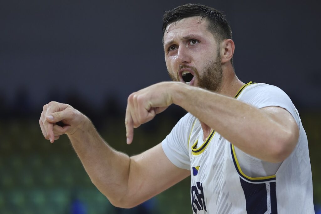 Bosnia's Jusuf Nurkic reacts during the Eurobasket, European Basketball Championship Group C match between Bosnia and Georgia at Spyros Kyprianou Arena, in Limassol, Cyprus, Thursday, Sept. 4, 2025. (AP Photo/Sakis Savvides)