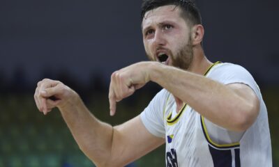 Bosnia's Jusuf Nurkic reacts during the Eurobasket, European Basketball Championship Group C match between Bosnia and Georgia at Spyros Kyprianou Arena, in Limassol, Cyprus, Thursday, Sept. 4, 2025. (AP Photo/Sakis Savvides)