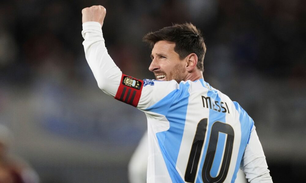 Argentina's Lionel Messi celebrates scoring his side's third goal against Venezuela during a World Cup 2026 qualifying soccer match at the Monumental stadium in Buenos Aires, Argentina, Thursday, Sept. 4, 2025. (AP Photo/Gustavo Garello)