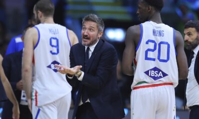 Italy's head coach GianmarcoPozzecco reacts during the Eurobasket, European Basketball Championship Group C match between Spain and Italy at Spyros Kyprianou Arena, in Limassol, Cyprus, Tuesday, Sept. 2, 2025. (AP Photo/Chara Savvidou)