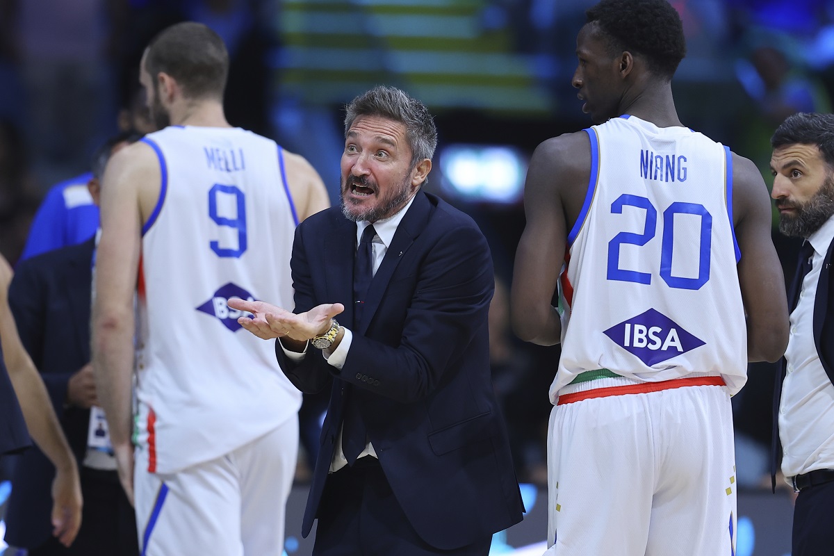 Italy's head coach GianmarcoPozzecco reacts during the Eurobasket, European Basketball Championship Group C match between Spain and Italy at Spyros Kyprianou Arena, in Limassol, Cyprus, Tuesday, Sept. 2, 2025. (AP Photo/Chara Savvidou)