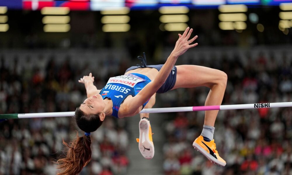 Serbia's Angelina Topic competes in the women's high jump qualification at the World Athletics Championships in Tokyo, Thursday, Sept. 18, 2025. (AP Photo/David J. Phillip)