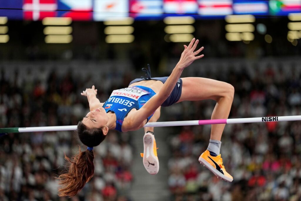 Serbia's Angelina Topic competes in the women's high jump qualification at the World Athletics Championships in Tokyo, Thursday, Sept. 18, 2025. (AP Photo/David J. Phillip)
