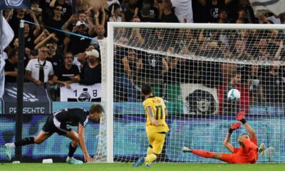 AC Milan's Christian Pulisic, center, scores during the Serie A soccer match between Udinese and AC Milan at the Bluenergy Stadium in Udine, Italy, Saturday, Sept. 20,2026. (Andrea Bressanutti/LaPresse via AP)
