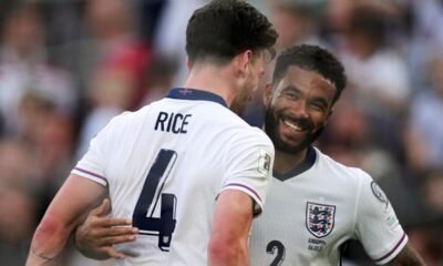 England's Declan Rice and England's Reece James celebrate scoring their side's second goal during the World Cup Group K qualifying match between England and Andorra at Villa Park stadium in Birmingham, Saturday, Sept. 6, 2025 . (AP Photo/Dave Shopland)