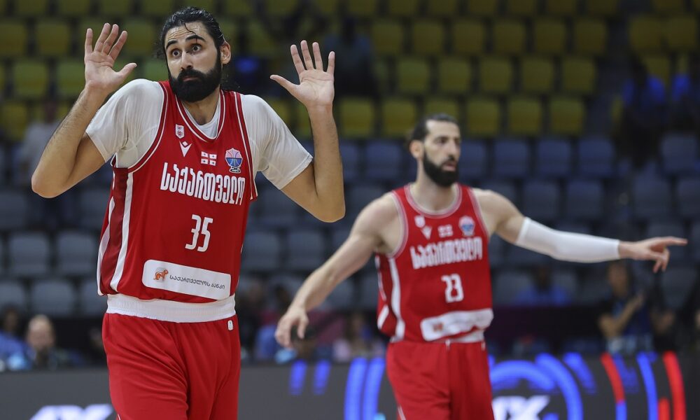 Georgia's Goga Bitadze reacts during the Eurobasket, European Basketball Championship Group C match between Bosnia and Georgia at Spyros Kyprianou Arena, in Limassol, Cyprus, Thursday, Sept. 4, 2025. (AP Photo/Sakis Savvides)