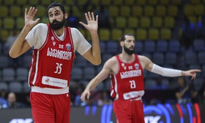 Georgia's Goga Bitadze reacts during the Eurobasket, European Basketball Championship Group C match between Bosnia and Georgia at Spyros Kyprianou Arena, in Limassol, Cyprus, Thursday, Sept. 4, 2025. (AP Photo/Sakis Savvides)