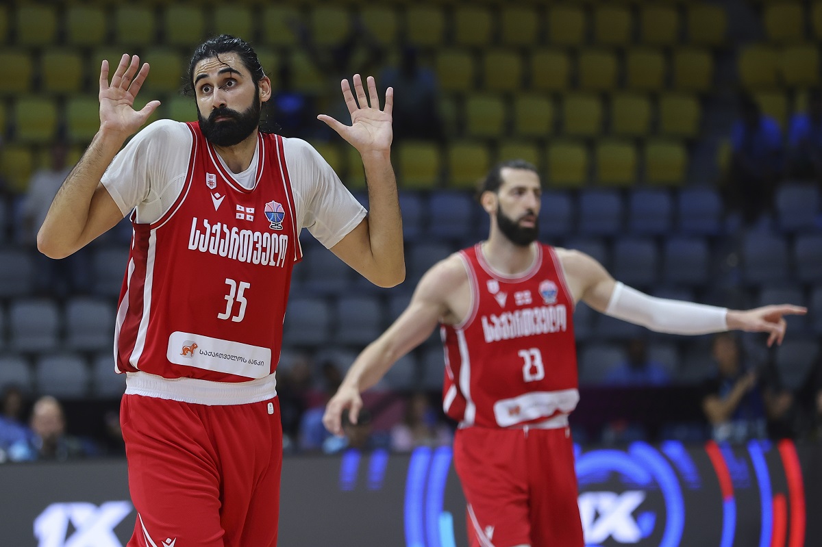 Georgia's Goga Bitadze reacts during the Eurobasket, European Basketball Championship Group C match between Bosnia and Georgia at Spyros Kyprianou Arena, in Limassol, Cyprus, Thursday, Sept. 4, 2025. (AP Photo/Sakis Savvides)