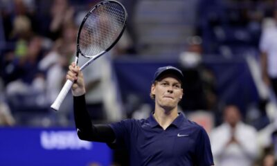 Jannik Sinner, of Italy, reacts after defeating Alexander Bublik, of Kazakhstan, during the fourth-round of the U.S. Open tennis championships, Monday, Sept. 1, 2025, in New York. (AP Photo/Adam Hunger)