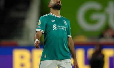 Liverpool's Mohamed Salah reacts during the Premier League soccer match between Brentford and Liverpool in London, Saturday, Oct. 25, 2025. (AP Photo/Dave Shopland)