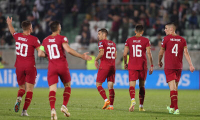 SERGEJ MILINKOVIC SAVIC, DUSAN TADIC, DARKO LAZOVIC, MARKO GRUJIC, NIKOLA MILENKOVIC fudbaleri reprezentacije Srbije na utakmici kvalifikacija za UEFA Evropsko prvenstvo 2024 godine protiv Bugarske na stadionu Huvefarma, Razgrad 20.06.2023. godine Foto: Marko Metlas Fudbal, Reprezentacija, Srbija, Bugarska, UEFA Evropsko prvenstvo, EURO 2024