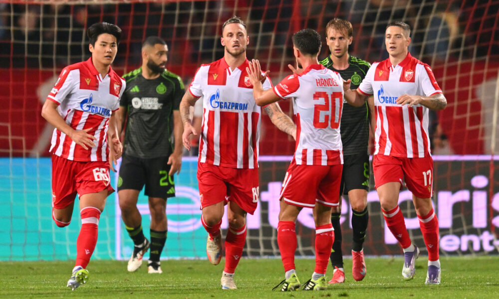 YOUNGWOO SEOL Jongvu Seol , MARKO ARNAUTOVIC, TOMAS HANDEL, BRUNO DUARTE DA SILVA fudbaleri Crvene zvezde na utakmici UEFA Lige Evropa protiv Seltika Glazgov na stadionu Rajko Mitic, Beograd 24.09.2025. godine Foto: Marko Metlas Fudbal, Crvena zvezda, UEFA Liga Evropa, Seltik Glazgov