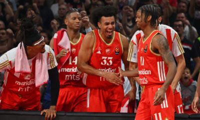 CHIMA MONEKE Cima Moneke, JASIEL RIVERO Hasiel Rivero, JORDAN NWORA Dzordan Nvora, TYSON CARTER Tajson Karter kosarkasi Crvene zvezde na utakmici Evrolige protiv Armani Olimpija Milano u hali Beogradska arena, Beograd 30.09.2025. godine Foto: Marko Metlas Kosarka, Crvena zvezda, Evroliga, Armani Olimpija Milano