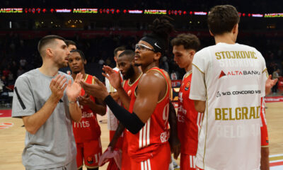 OGNJEN DOBRIC, CHIMA MONEKE Cima Moneke TUGA kosarkasa Crvene zvezde na utakmici Evrolige protiv Armani Olimpija Milano u hali Beogradska arena, Beograd 30.09.2025. godine Foto: Marko Metlas Kosarka, Crvena zvezda, Evroliga, Armani Olimpija Milano
