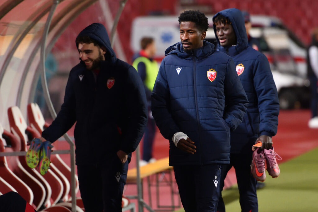 NAYAIR TIKNIZYAN Najair Tiknizjan i PETER OLAYINKA Peter Olajinka fudbaler Crvene zvezde na utakmici Superlige Prvenstva Srbije protiv IMT na stadionu Rajka Mitica, Beograd, 19.10.2025. godine Foto: Marko Metlas Fudbal, Crvena zvezda, Superliga Prvenstvo Srbije, IMT