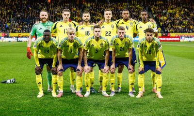 Sweden's starting 11 pose before a World Cup qualifying soccer match between Sweden and Switzerland at Strawberry Arena, Friday, Oct. 10, 2025, in Stockholm, Sweden. (Stefan Jerrevång/TT News Agency via AP)