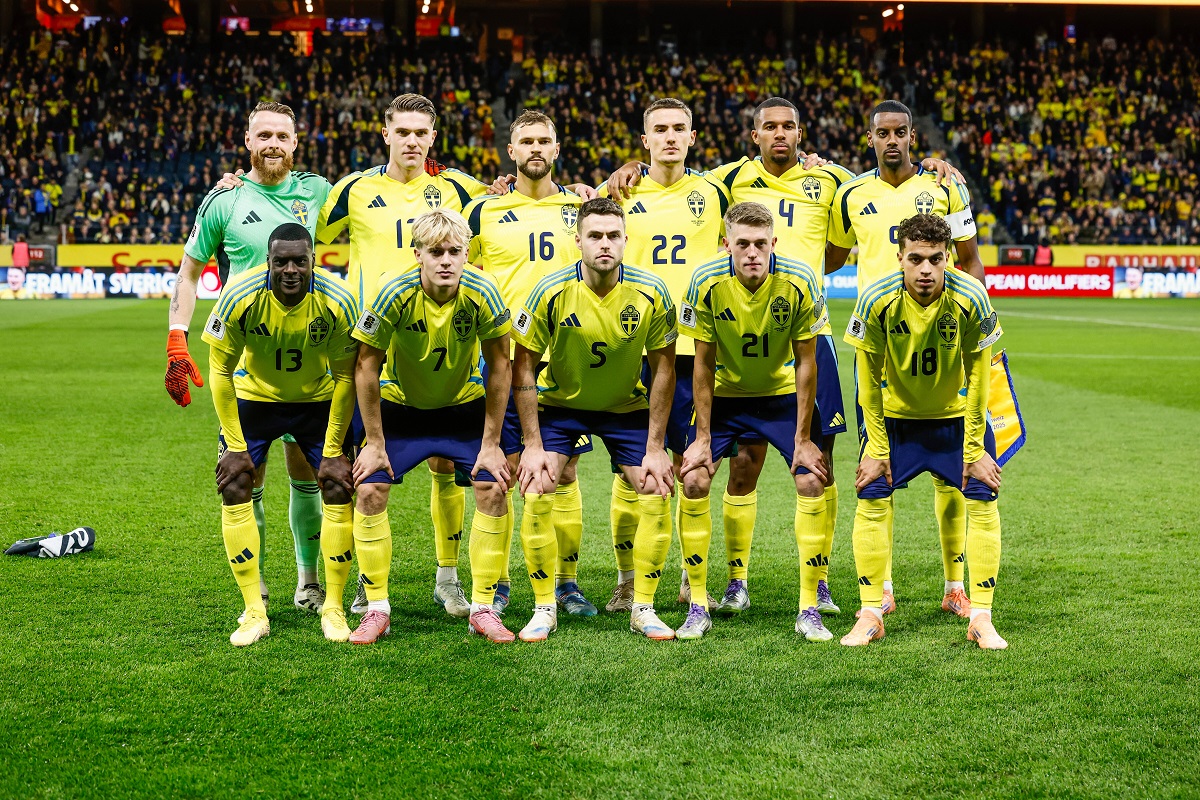 Sweden's starting 11 pose before a World Cup qualifying soccer match between Sweden and Switzerland at Strawberry Arena, Friday, Oct. 10, 2025, in Stockholm, Sweden. (Stefan Jerrevång/TT News Agency via AP)