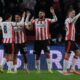 PSV's Ismael Saibari second right, celebrates with a teammates after scoring his sides fifth goal during the Champions League opening phase soccer match between PSV and Napoli in Eindhoven, Netherlands,Tuesday, Oct. 21, 2025. (AP Photo/Patrick Post)