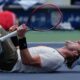 Zizou Bergs, of Belgium, reacts after defeating Gabriel Diallo, of Canada in the men's singles match of the Shanghai Masters tennis tournament at Qizhong Forest Sports City Tennis Center, in Shanghai, China, Tuesday, Oct. 7, 2025. (AP Photo/Andy Wong)